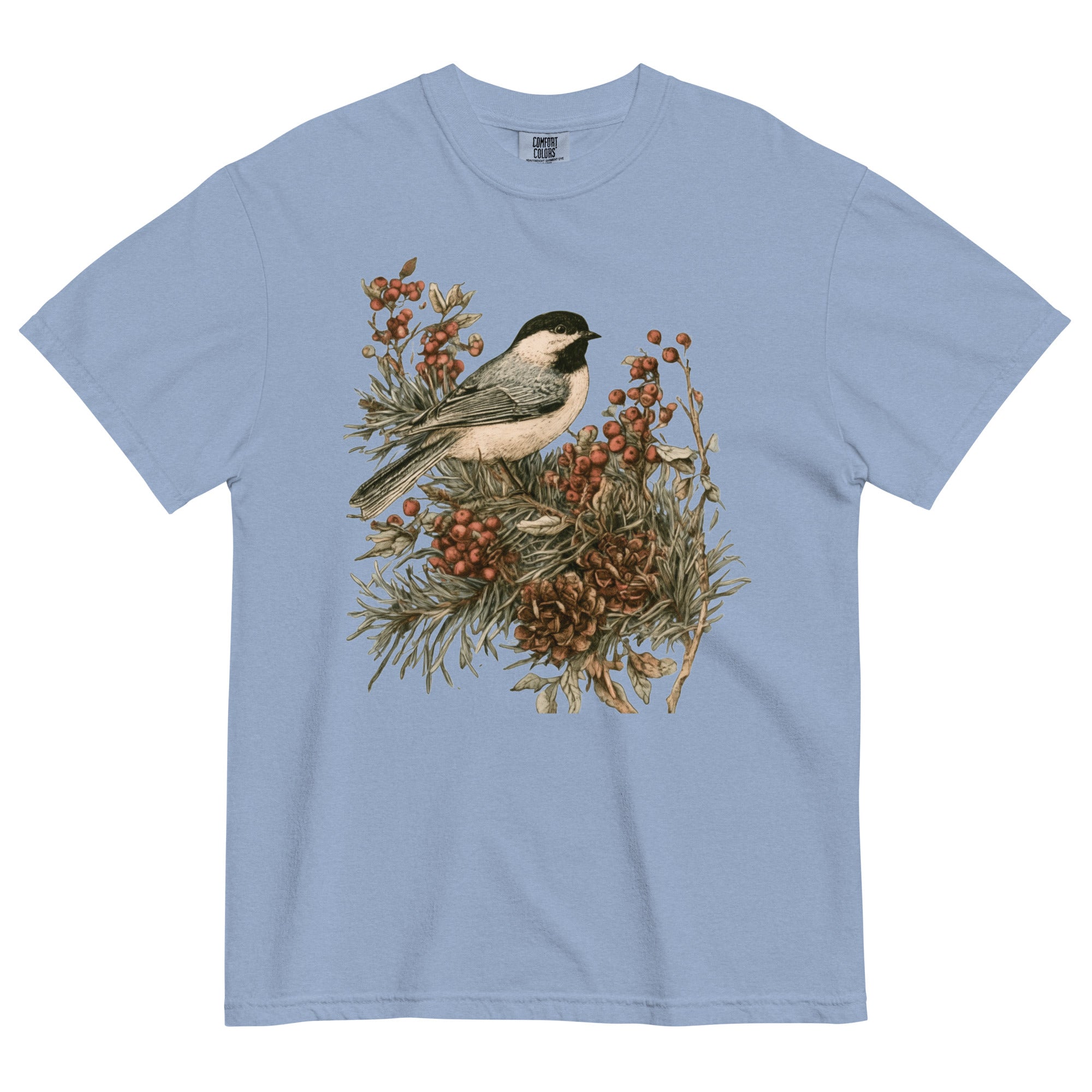 Chickadee and winter berries design on a Washed Denim garment-dyed cotton t-shirt