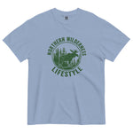 Moose wilderness badge design on a Washed Denim garment-dyed cotton t-shirt