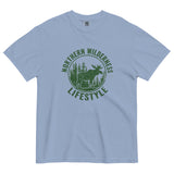 Moose wilderness badge design on a Washed Denim garment-dyed cotton t-shirt