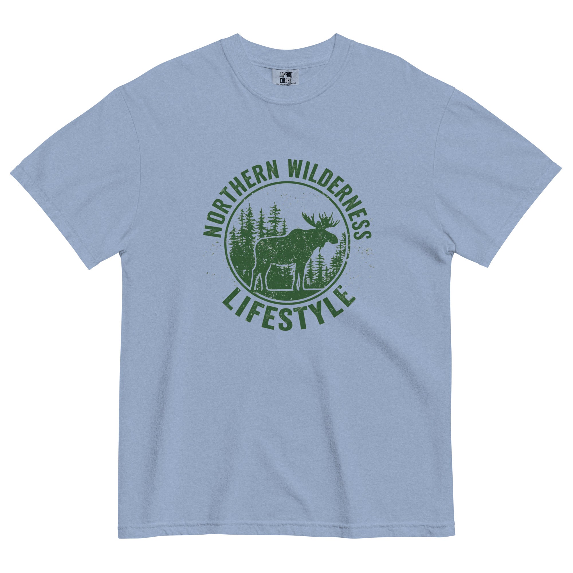 Moose wilderness badge design on a Washed Denim garment-dyed cotton t-shirt