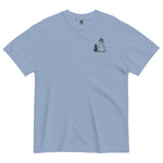 Snowman and pine tree design on a Washed Denim garment-dyed cotton t-shirt