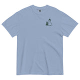 Snowman and pine tree design on a Washed Denim garment-dyed cotton t-shirt