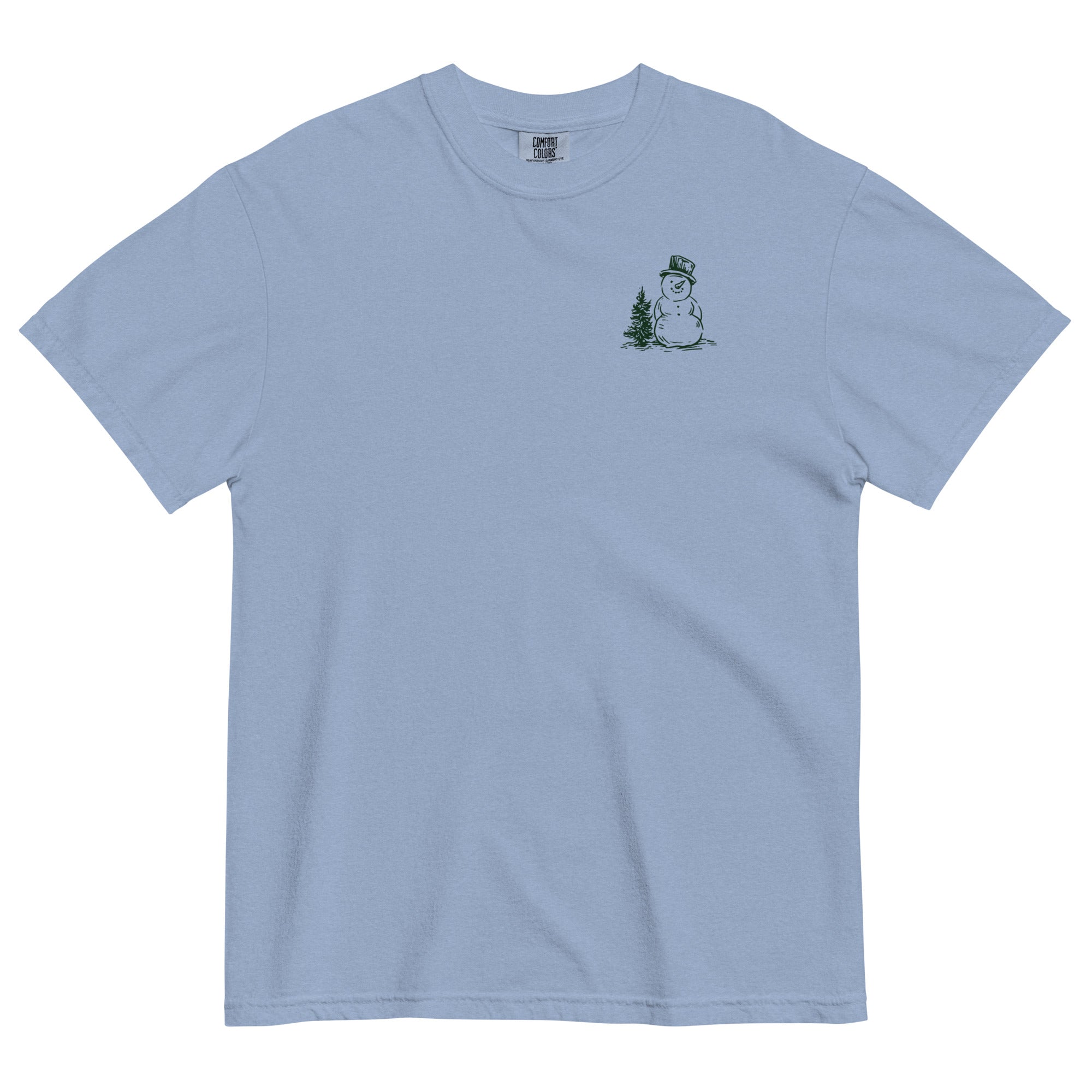 Snowman and pine tree design on a Washed Denim garment-dyed cotton t-shirt