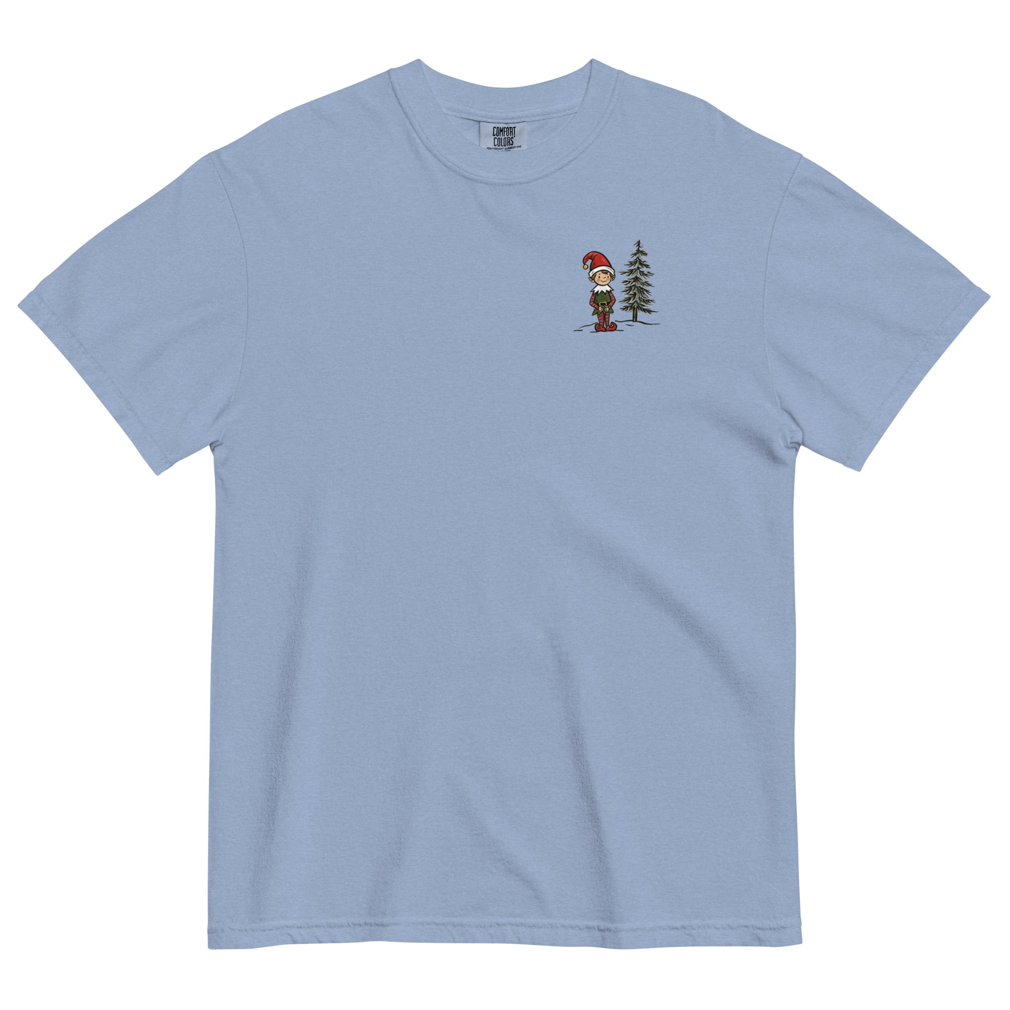 Elf and pine tree design on a Washed Denim garment-dyed cotton t-shirt
