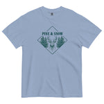 Stag emblem with pine and snow design on a Washed Denim garment-dyed cotton t-shirt