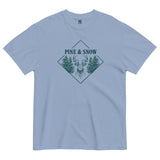Stag emblem with pine and snow design on a Washed Denim garment-dyed cotton t-shirt