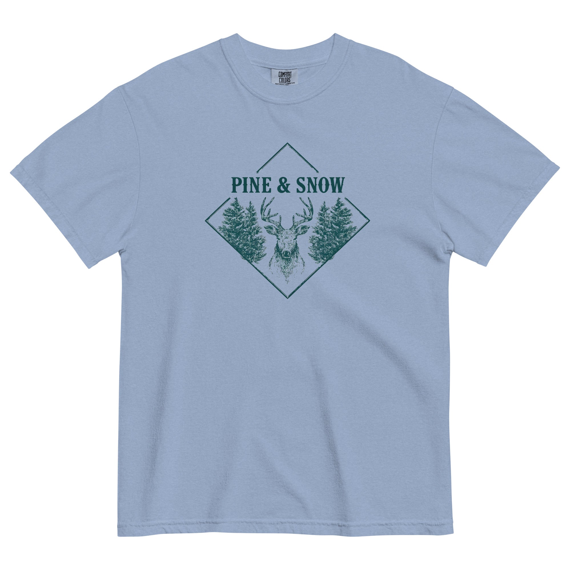 Stag emblem with pine and snow design on a Washed Denim garment-dyed cotton t-shirt