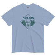 Stag emblem with pine and snow design on a Washed Denim garment-dyed cotton t-shirt