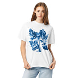 Fern and leaf cyanotype design on a White garment-dyed cotton t-shirt
