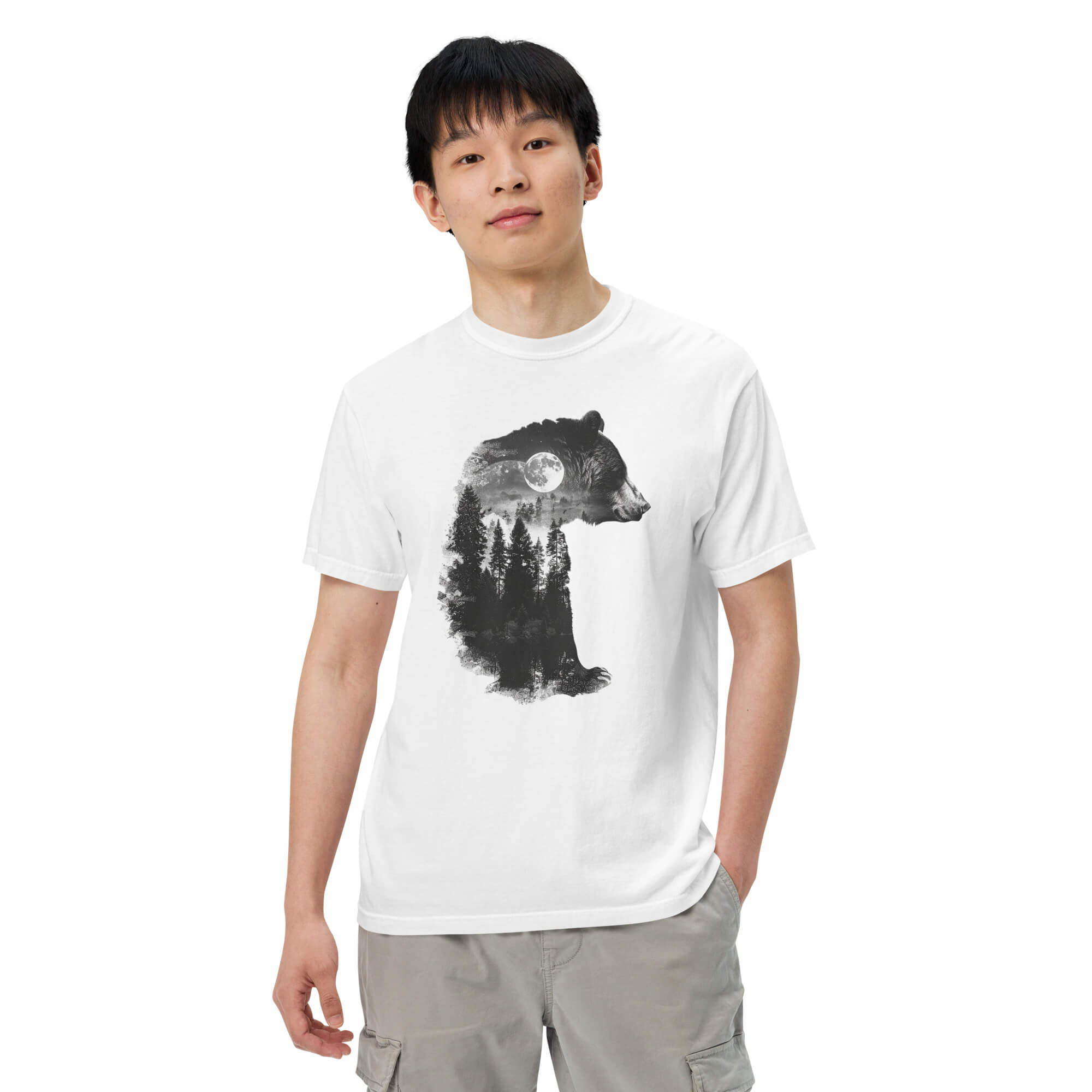 Bear and forest double exposure design on a White garment-dyed cotton t-shirt