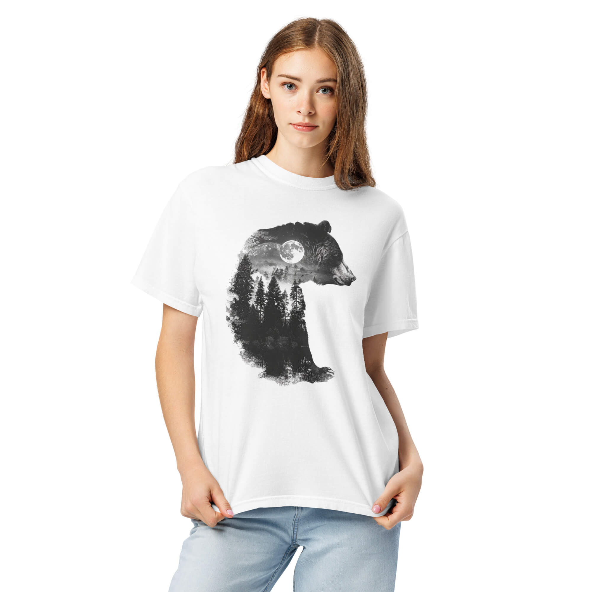 Bear and forest double exposure design on a White garment-dyed cotton t-shirt