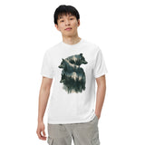 Wolf portraits and misty forest design on a White garment-dyed cotton t-shirt