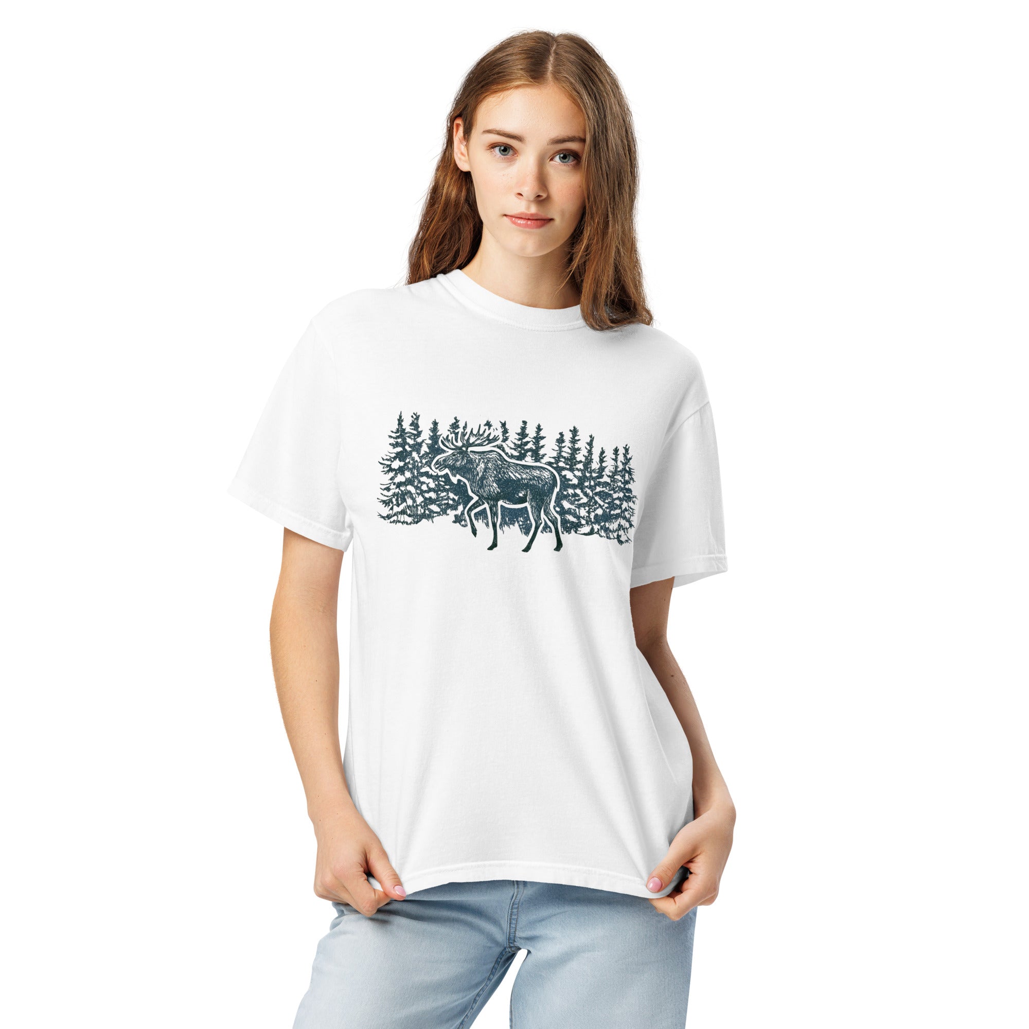 Moose in the winter woods design on a White garment-dyed cotton t-shirt