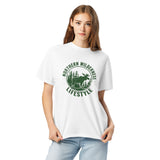 Moose wilderness badge design on a White garment-dyed cotton t-shirt
