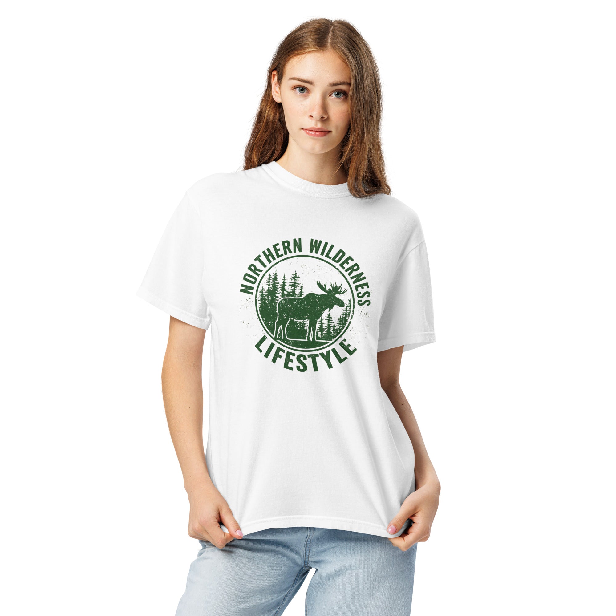 Moose wilderness badge design on a White garment-dyed cotton t-shirt
