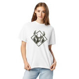 Stag and pines diamond emblem design on a White garment-dyed cotton t-shirt