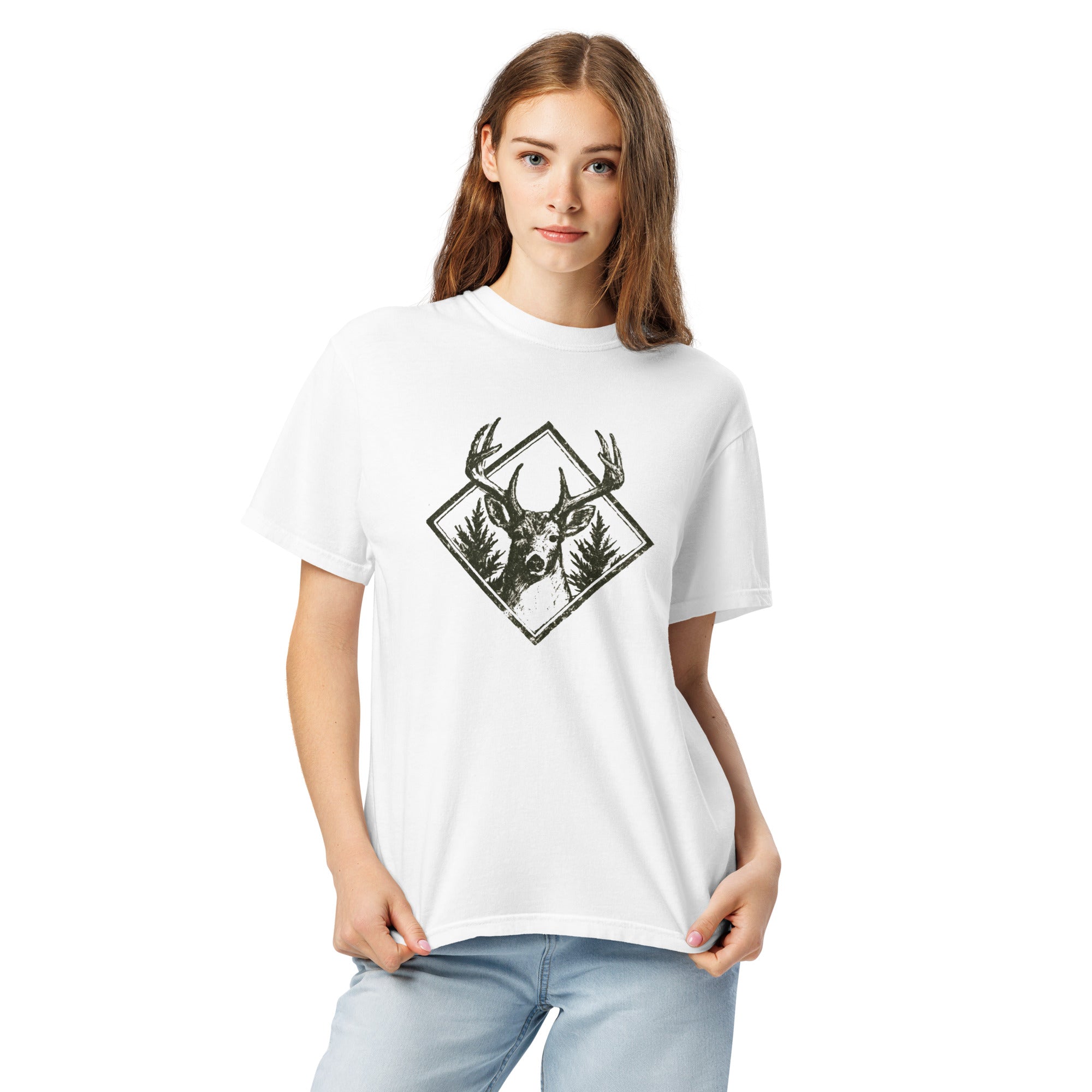 Stag and pines diamond emblem design on a White garment-dyed cotton t-shirt