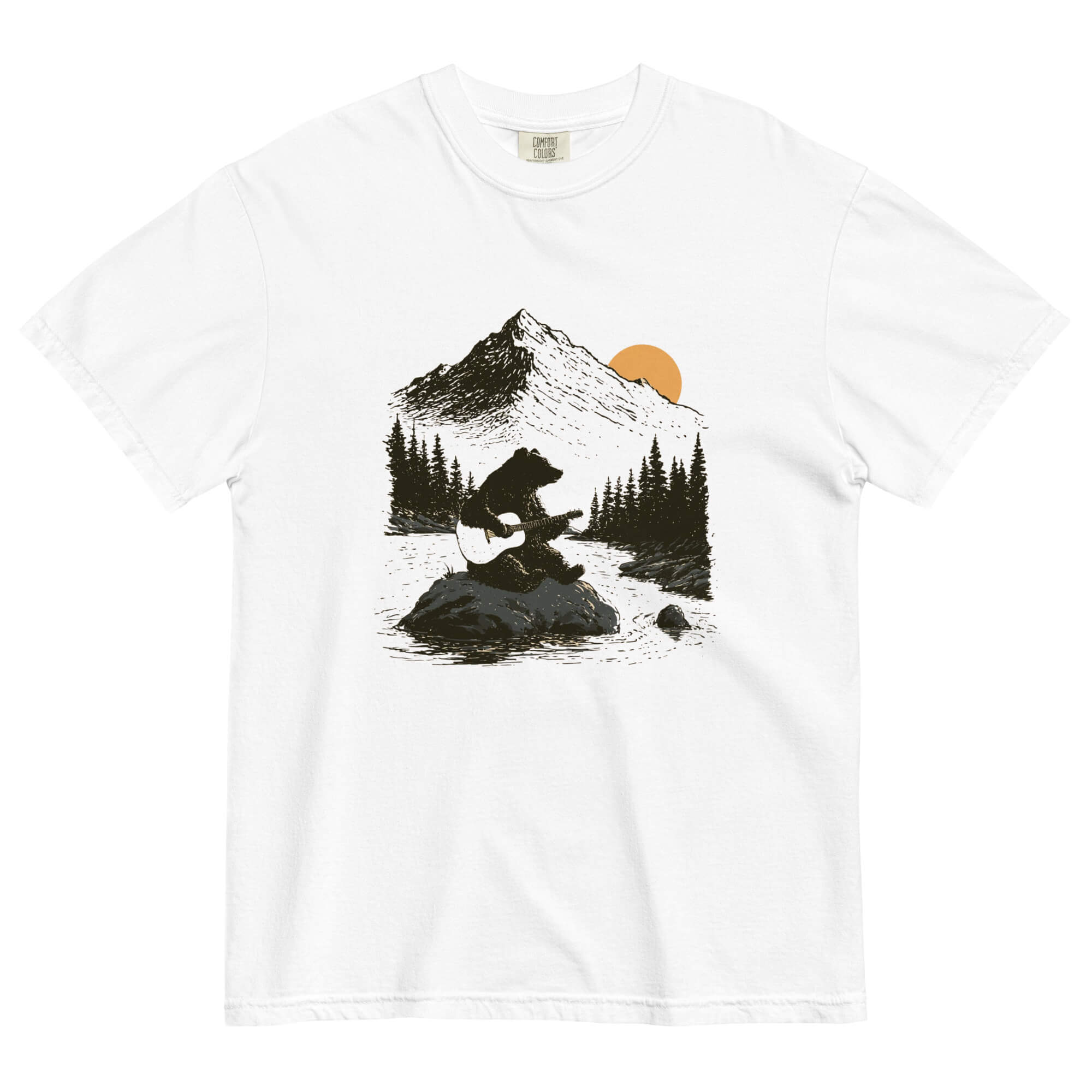 Bear playing guitar design on a White garment-dyed cotton t-shirt