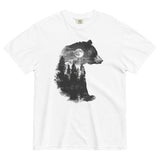 Bear and forest double exposure design on a White garment-dyed cotton t-shirt