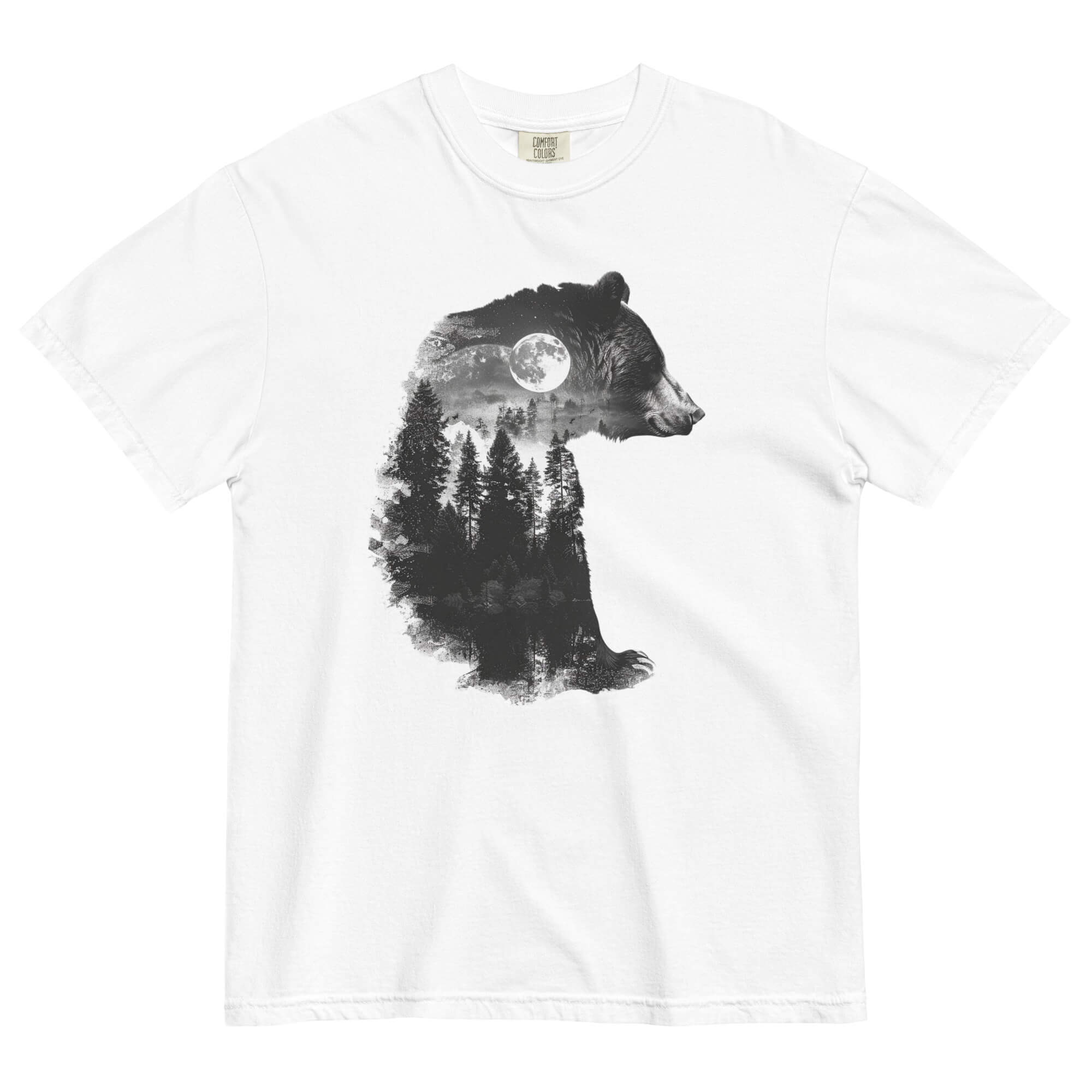 Bear and forest double exposure design on a White garment-dyed cotton t-shirt