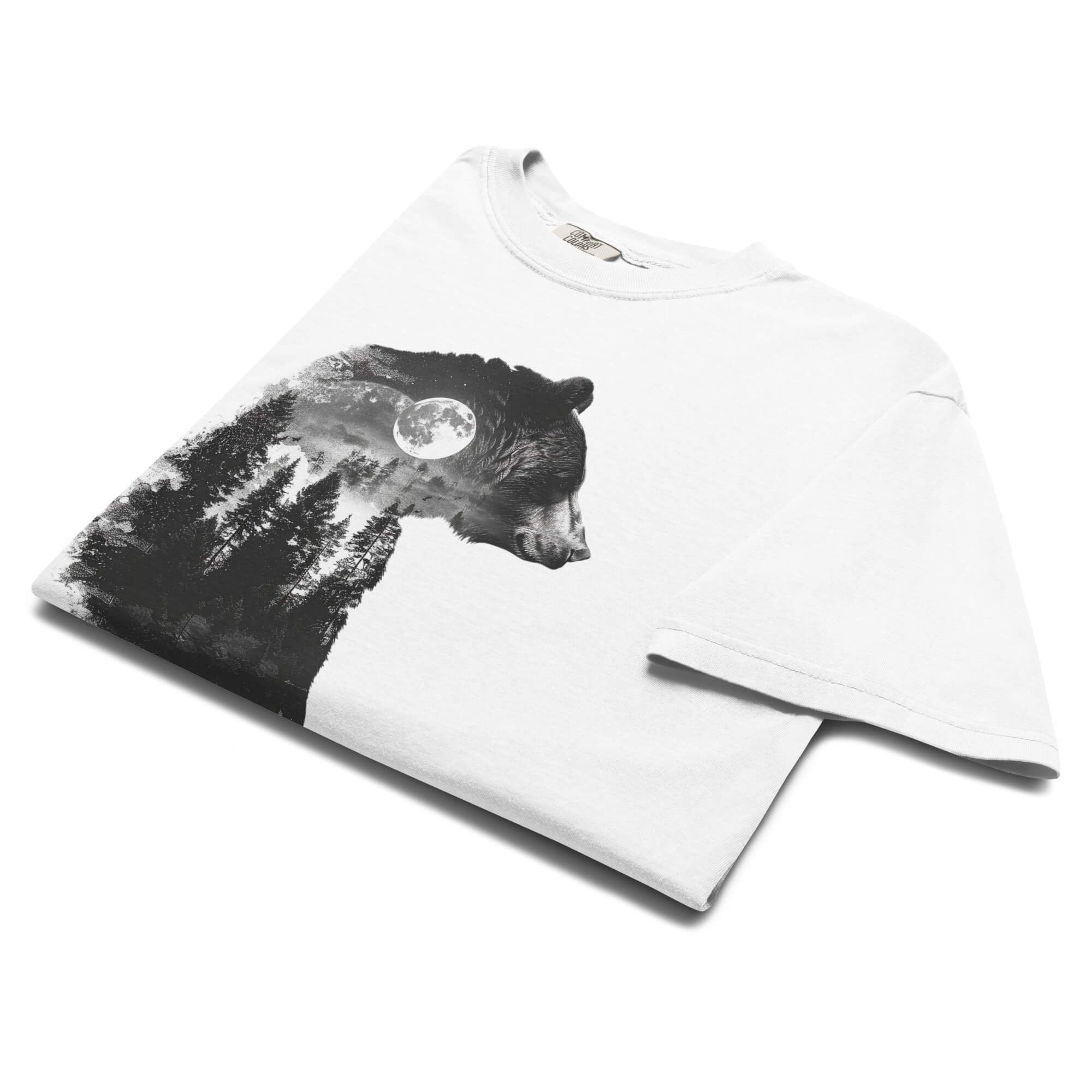 Bear and forest double exposure design on a White garment-dyed cotton t-shirt