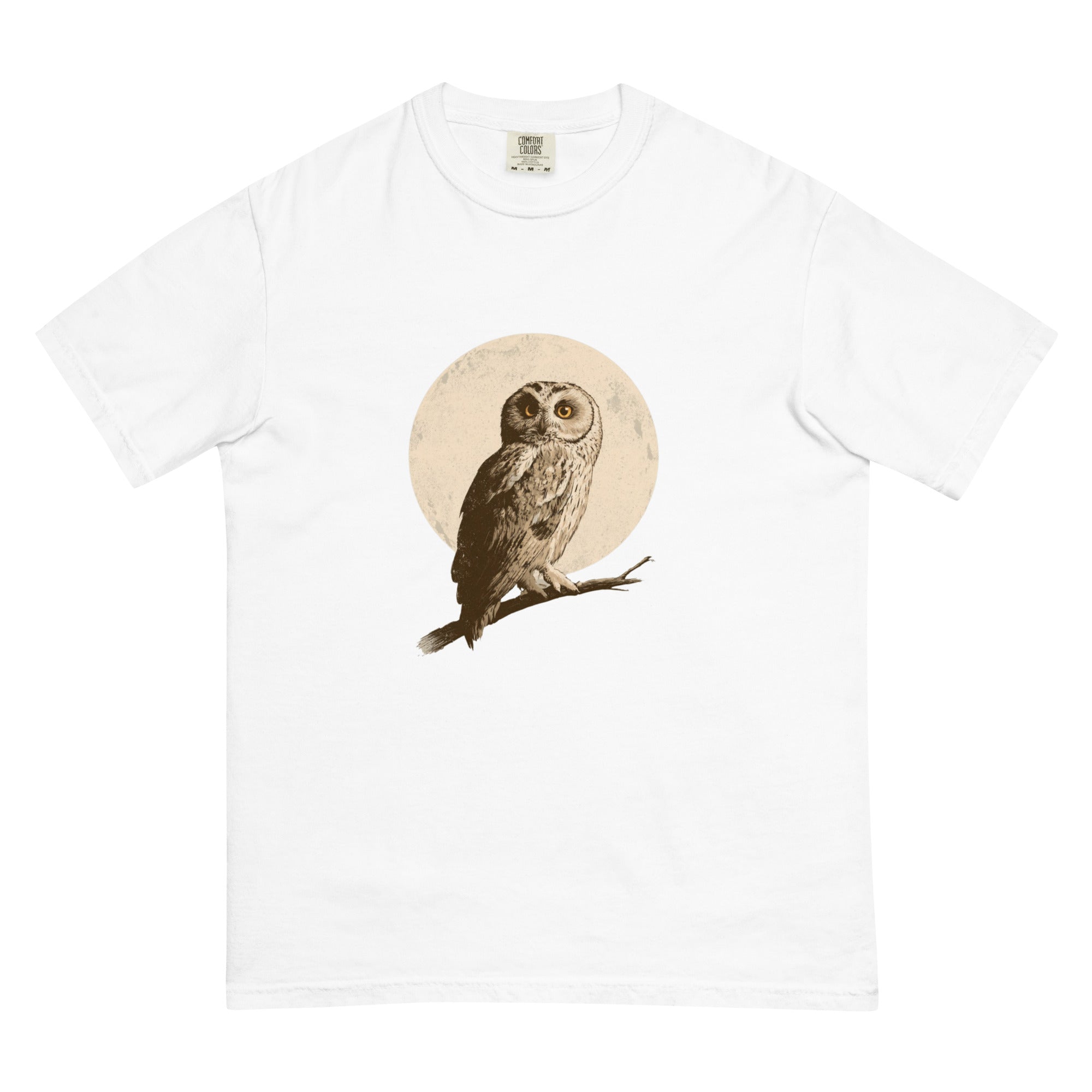 Owl and full moon design on a White garment-dyed cotton t-shirt