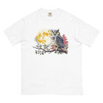 Great horned owl and autumn moon design on a White garment-dyed cotton t-shirt