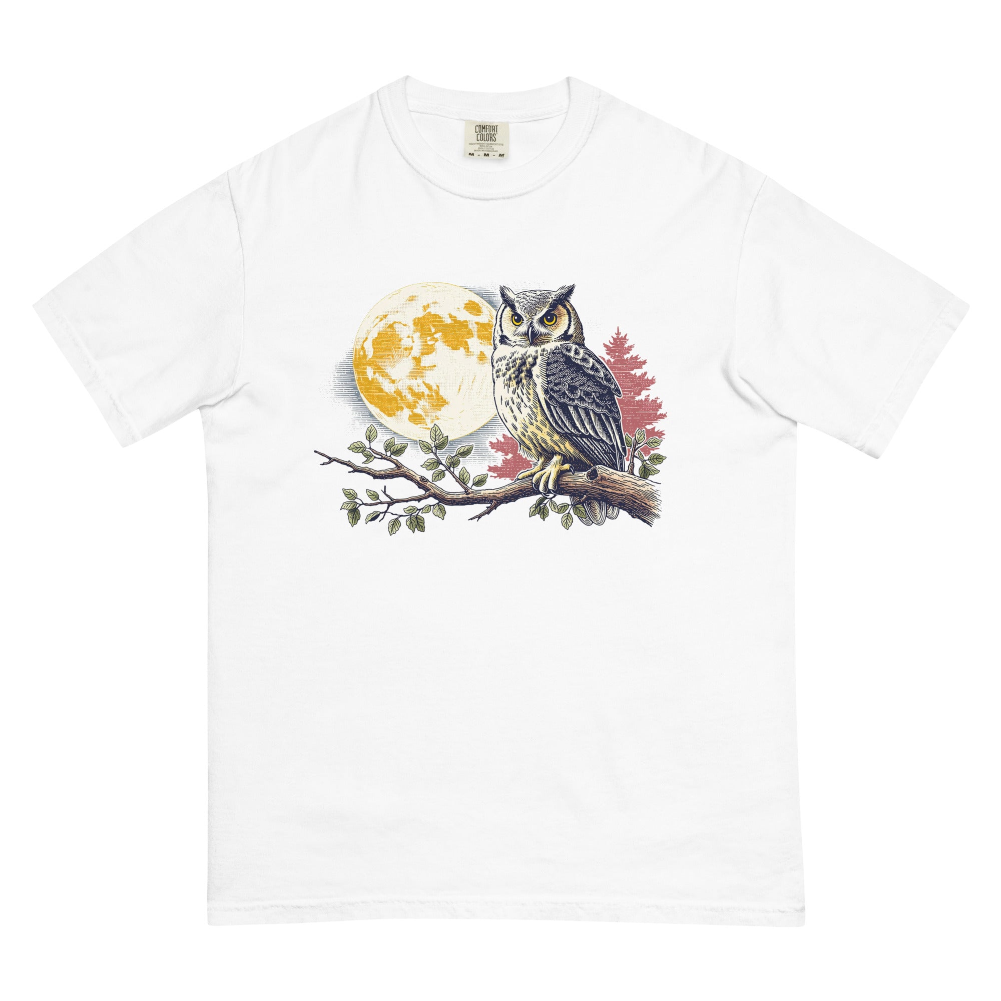 Great horned owl and autumn moon design on a White garment-dyed cotton t-shirt