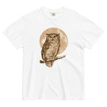 Great horned owl and moon design on a White garment-dyed cotton t-shirt