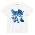 Fern and leaf cyanotype design on a White garment-dyed cotton t-shirt