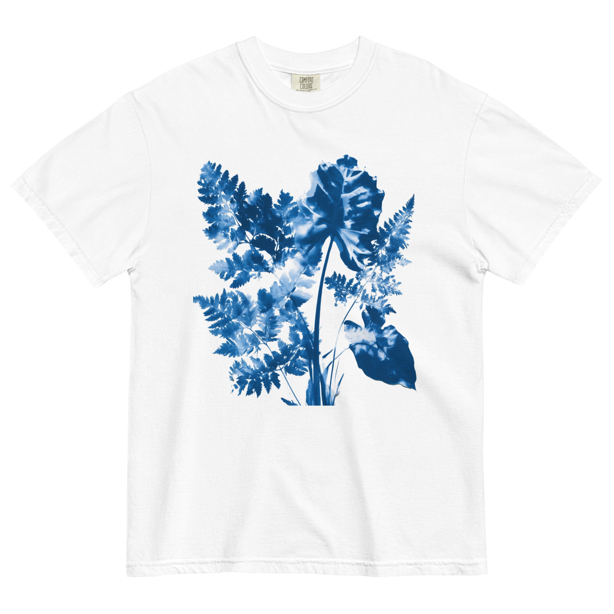 Fern and leaf cyanotype design on a White garment-dyed cotton t-shirt