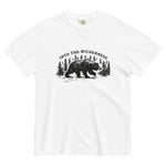 Bear and pine forest wilderness design on a White garment-dyed cotton t-shirt