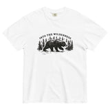 Bear and pine forest wilderness design on a White garment-dyed cotton t-shirt