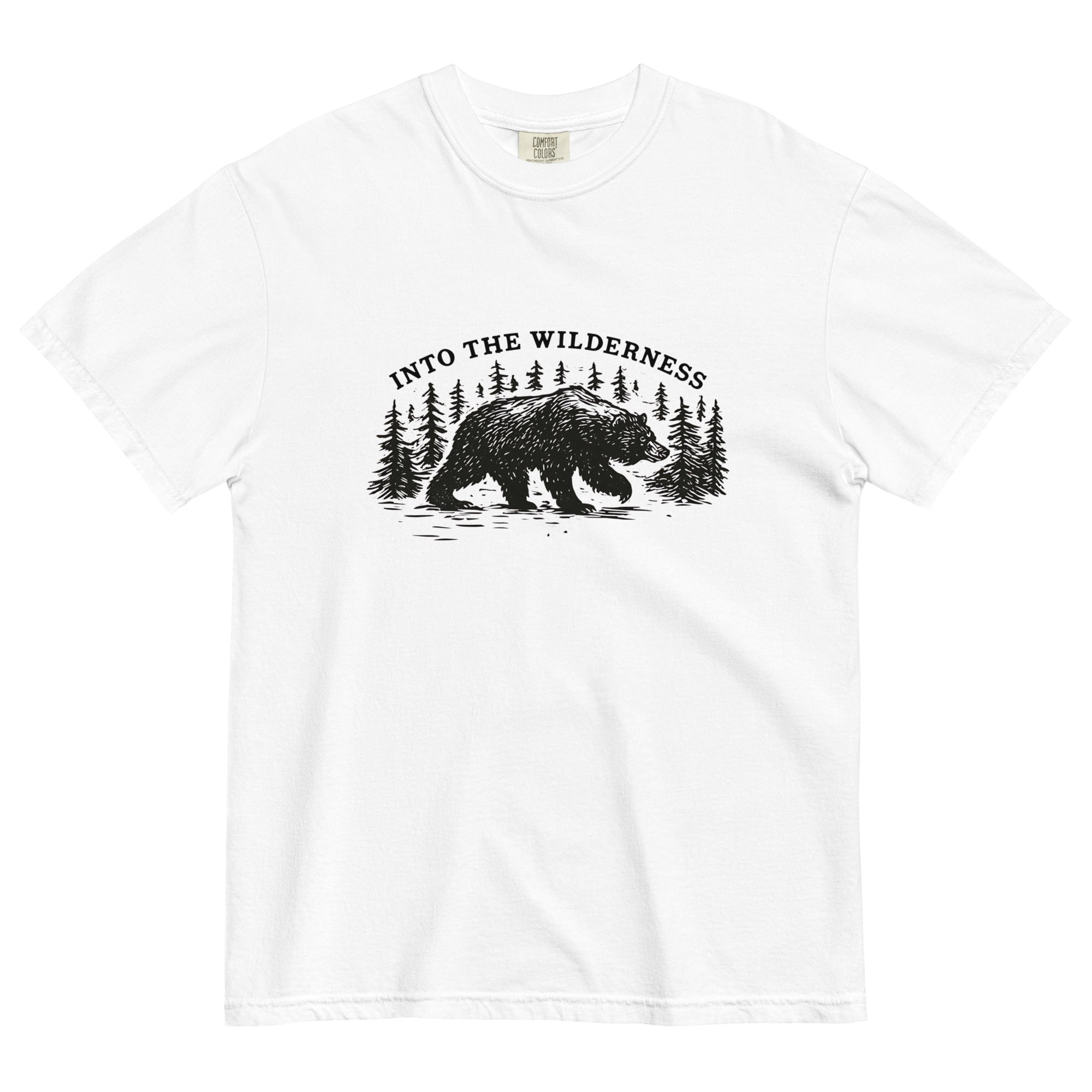 Bear and pine forest wilderness design on a White garment-dyed cotton t-shirt