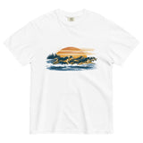 Wolf pack at sunset design on a White garment-dyed cotton t-shirt