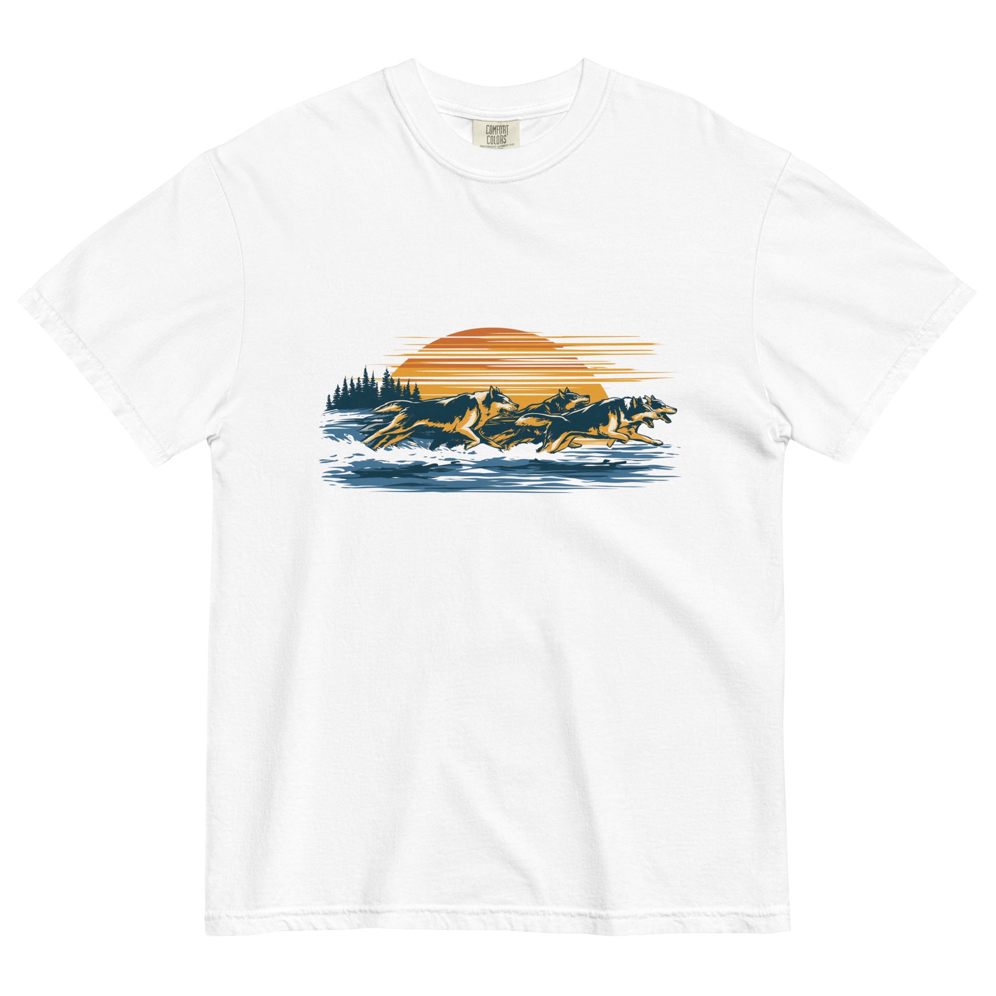 Wolf pack at sunset design on a White garment-dyed cotton t-shirt