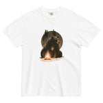 Bear and campfire design on a White garment-dyed cotton t-shirt
