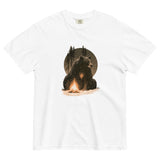 Bear and campfire design on a White garment-dyed cotton t-shirt