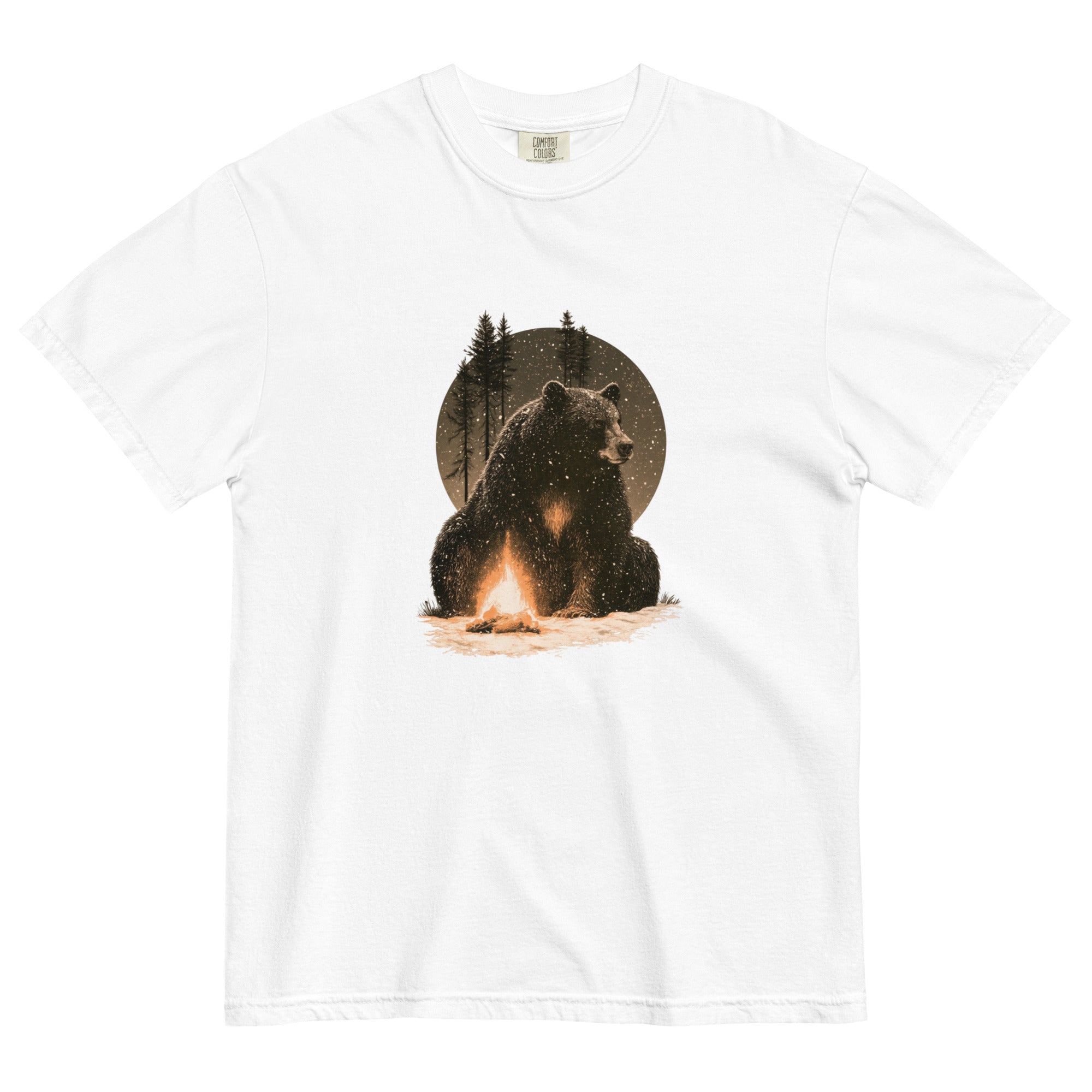 Bear and campfire design on a White garment-dyed cotton t-shirt