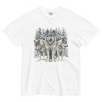 Three wolves in the snow design on a White garment-dyed cotton t-shirt