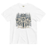 Three wolves in the snow design on a White garment-dyed cotton t-shirt