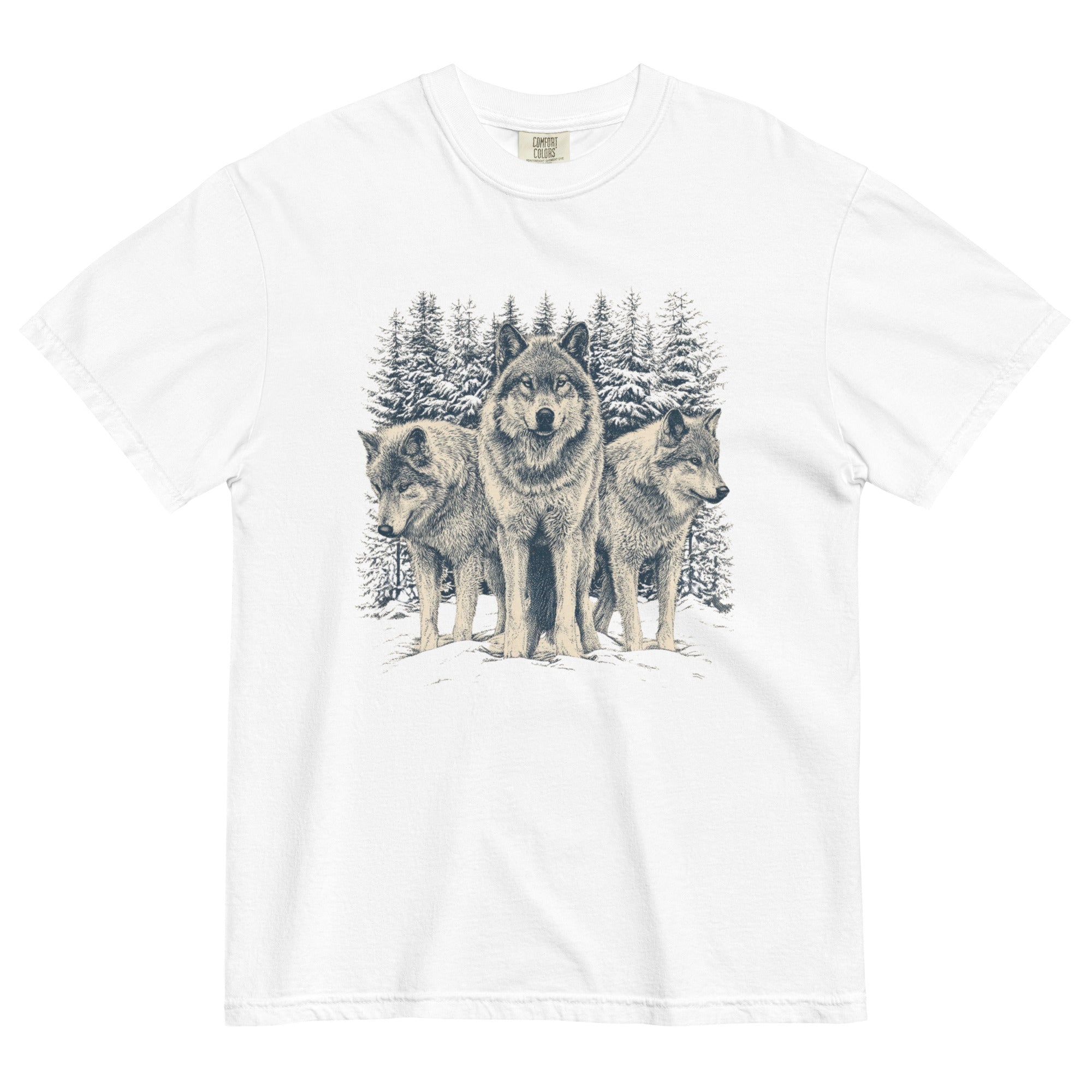 Three wolves in the snow design on a White garment-dyed cotton t-shirt
