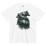Wolf portraits and misty forest design on a White garment-dyed cotton t-shirt