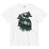 Wolf portraits and misty forest design on a White garment-dyed cotton t-shirt