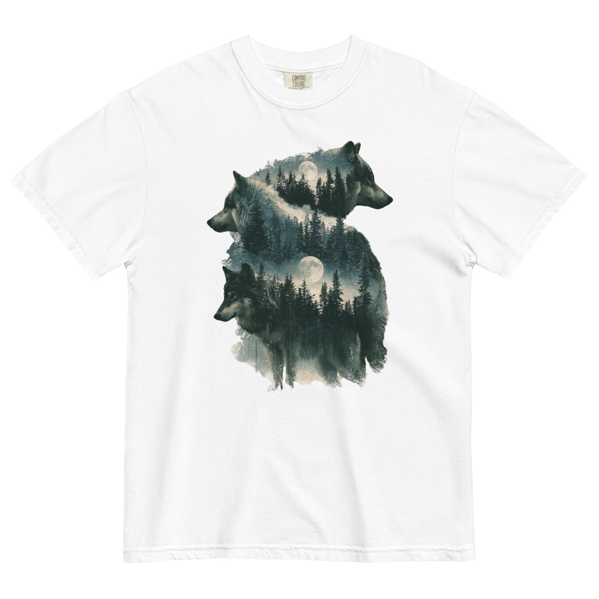 Wolf portraits and misty forest design on a White garment-dyed cotton t-shirt