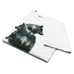Wolf portraits and misty forest design on a White garment-dyed cotton t-shirt
