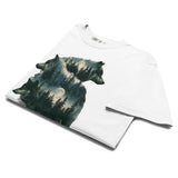 Wolf portraits and misty forest design on a White garment-dyed cotton t-shirt