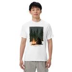 Black bear by a winter campfire design on a White garment-dyed cotton t-shirt