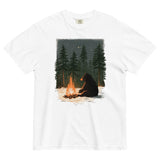 Black bear by a winter campfire design on a White garment-dyed cotton t-shirt