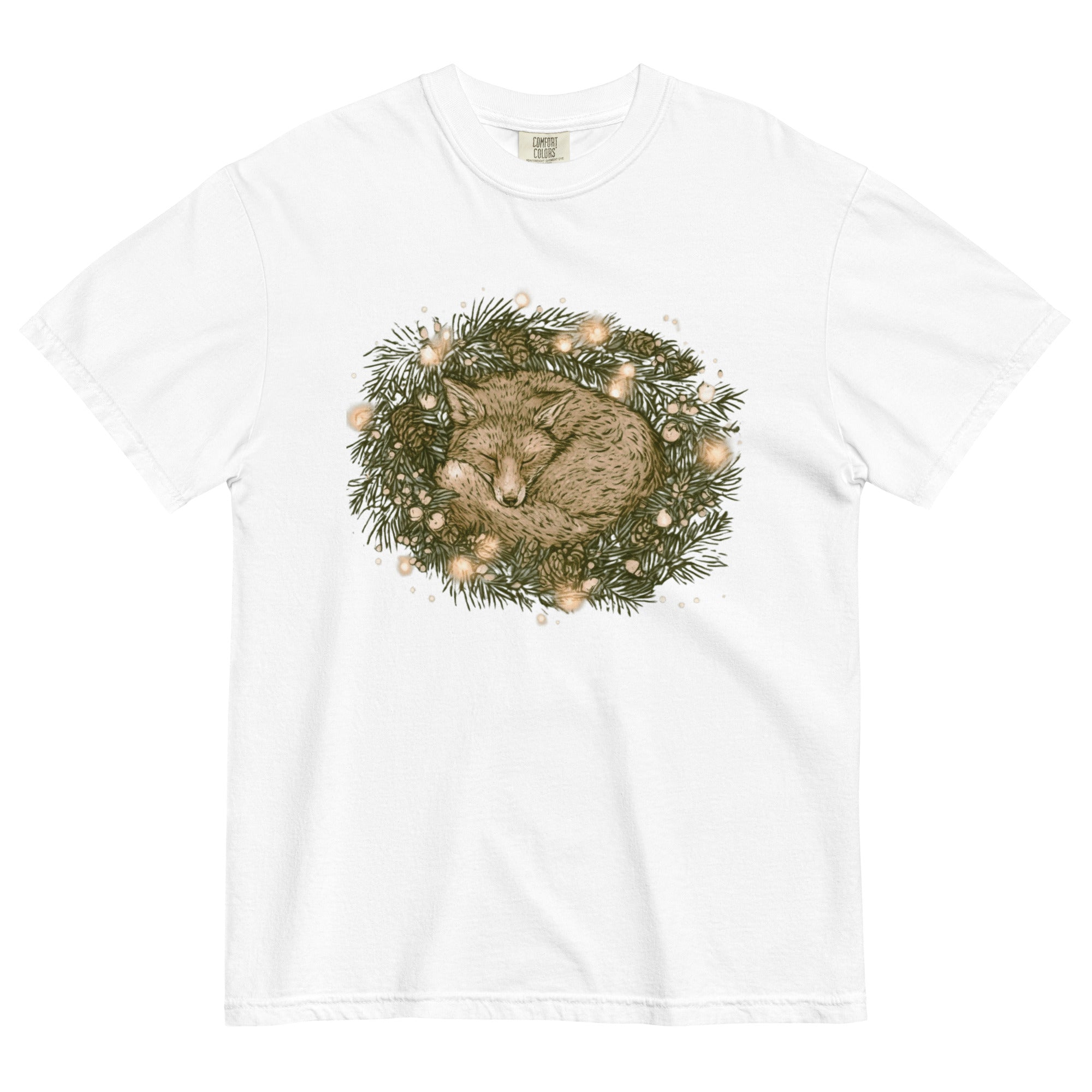 Fox asleep in a Christmas wreath design on a White garment-dyed cotton t-shirt